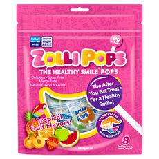 ZOLLI POPS 木糖醇無糖棒棒糖, 熱帶水果口味, 8支, 不含砂糖、高果糖糖漿, 全素可食, 58.4g, 1袋