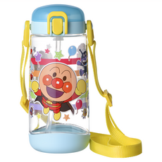ANPANMAN 麵包超人 鎖蓋吸管水壼 輕量堅固不含雙酚A 透明杯身 附可調式背帶, 水藍色, 450ml, 1個