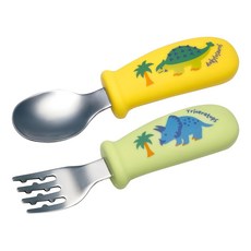Skater 不鏽鋼彎柄湯叉組, 1組, 湯匙 + 叉子, 恐龍圖鑑 黃色 + 綠色