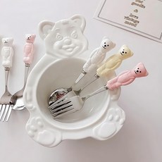 沐慕家居 陶瓷小熊不銹鋼叉子, 叉子, 米白, 4支