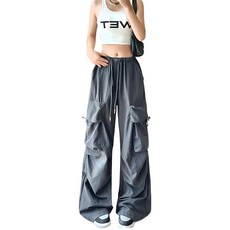 HL4097美式復古鬆緊直筒闊腿工裝褲, 腰寬27cm + 臀寬50cm + 大腿寬30cm + 褲腳寬24cm + 全長101cm, 深灰