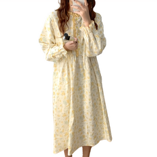 ROYALLIN 蘿林嚴選 日韓小碎花連身居家服 長袖九分 寬鬆舒適 棉質, 黃碎花, FREE, 黃碎花 黃色