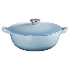 LE CREUSET 媽咪鐵鍋 24cm 海岸藍 鋼頭 內鍋黑 4.9L，導熱均勻，保溫效果佳，輕鬆烹調美味料理, 1個