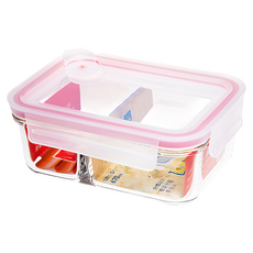 Glasslock 格拉氏洛克 長型強化玻璃微波分格保鮮盒 670ml, 透明色 + 紅色, 1個