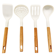 SUNORO 原宿系列 矽膠廚具組, 木柄, 99%抗菌率, 湯杓1個 + 濾杓1個 + 鍋鏟1個 + 煎鏟1個, 白色, 1組