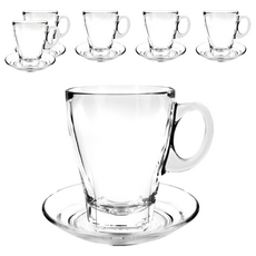 Ocean Glass 可啡新美式咖啡杯盤組 6組 玻璃材質 杯子355ml 杯子尺寸120x110mm 盤子尺寸145mm 泰國製造, 透明