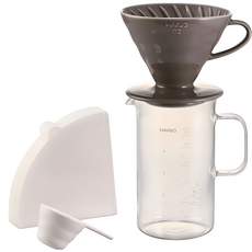 HARIO 好璃奧 V60咖啡玻璃量杯套組 濾杯1~4杯, 石墨灰, 600ml, 1組
