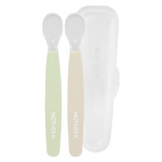 MOTHER-K 矽膠果凍湯匙組, 無塑化劑安全材質, 方便攜帶收納盒, 2個/組, 1組, 綠色, 米色
