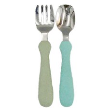 西松屋 Smart Angel 盒裝幼兒不鏽鋼叉匙組, 抗菌餐具, 叉子+湯匙, 綠/藍, 1組