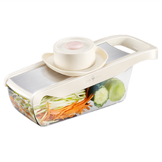 上手家居 奶油色 1組 多功能切絲切片器 304不鏽鋼刀片 安全護手設計 底部收納盒