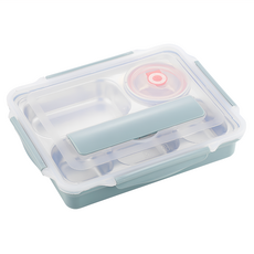 Mega 加大款 北歐304不鏽鋼分格便當盒, 31x24x6公分, PP外殼, 耐熱120℃以下, 餐具 + 湯碗, 藍色, 1組