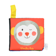 法國 Moulin Roty 布書繪本 小小開心猴, 增進孩子對顏色、形狀與生活周遭實物的認知, 1本