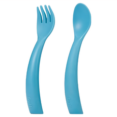 FLYTTA FADI 幼兒餐具組 符合人體工學 湯匙邊緣符合碗壁弧度 叉子尖端不傷嘴 SPS日本食品級樹脂, 叉子+湯匙, 海洋蘇打藍, 1組