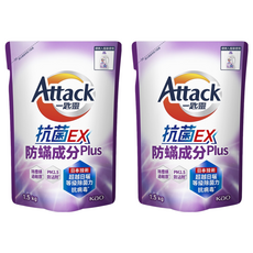Attack 一匙靈 台灣公司貨 抗菌EX洗衣精 抗菌EX防螨Plus 補充包, 1.5kg, 2包