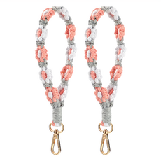 手機掛繩，棉繩手工編織植物花卉原創設計, C 灰繩 粉白花, 1組