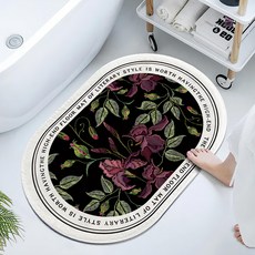 升級版防霉可水沖軟式珪藻土吸水速乾防滑地墊 時尚花卉圖案, 黑色 + 紅色 + 綠色