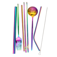 PUSH! 餐具用品鍍鈦環保304不鏽鋼8件套裝, 勺子+叉子+筷子+套裝吸管, 彩色, 1組