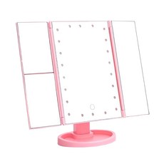 三折LED發光化妝鏡, 22顆燈珠, USB/電池供電, 含10X放大鏡, ABS+高清鏡面, 素粉色