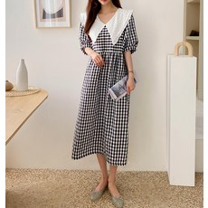 PANG PANG SHOP 翻領格紋孕婦連身裙 短袖, Free Size, 黑色