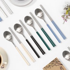 Raonnuri Della 防刮全不鏽鋼彩色韓式湯筷組, 湯匙 4支 + 筷子 4雙, 象牙色、深黑、深祖母綠、藍灰色, 1組