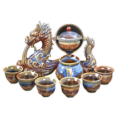 雲水月如意 自動茶具,柴燒龍紋雲水謠 Set, 底座 + 蓋碗 + 茶海 + 茶杯, 1組