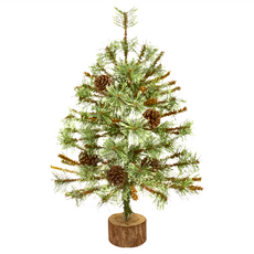 開花松針黃枝松果樹 4吋, 綠色 + 黃色 + 棕色