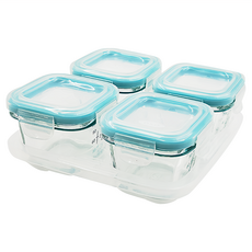 OXO tot 好滋味玻璃儲存盒, 適合分裝儲存冷凍自製嬰兒副食品, 完全密封防漏, 可直接微波加熱, 120ml, 靚藍綠, 1組