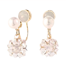 ROCiO 無耳洞耳夾式頂級CZ鑽淡水珍珠鍍14K金耳環, 金色 + 白色