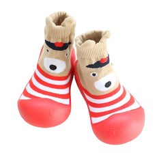 寶寶膠底學步鞋 紅棕熊 針織棉鞋面 防滑鞋底, 紅條熊, 20~21