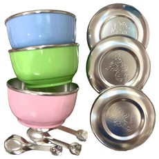 304馬卡龍碗不鏽鋼蓋組 無孔附湯匙 三入 兒童安全餐具 寶寶學習碗, 1組, 混合顏色, 11 x 6cm