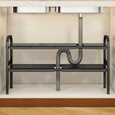 下水槽伸縮架 雙層8板, 碳鋼材質, PP層板, 防水防鏽, 收納整齊, 堅固耐用, 寬53~88*高48.5cm, 黑色, 1組