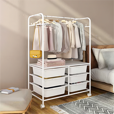 德利生活 鐵藝可移動掛衣帽收納架 6層衣架收納櫃 簡約白, 150 x 37 x 63 cm, 平款 + 6收納盒