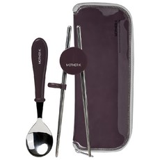 MOTHER-K 輕奢不鏽鋼筷樂學習湯匙套組 304不鏽鋼耐腐蝕, 學習筷 + 湯匙 + 收納包, 暮光紫, 1組