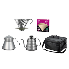 HARIO 好璃奧 V60戶外用露營入門組, 金屬咖啡壺 + 金屬濾杯 + 迷你雲朵細口壺 + 露營包 + V60濾紙02, 500ml, 1組