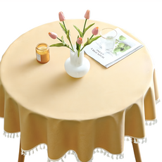 波浪邊北歐純色防水防油免洗桌布巾 混紡棉麻桌巾 直徑120cm以內圓桌適用, 1個, 亮黃色, 直徑160cm