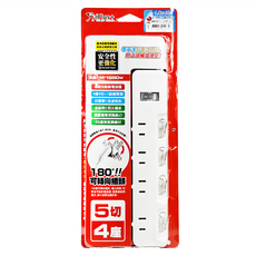 iPlus 保護傘 5切4座防火抗雷擊180度插頭延長線 2孔 PU-2546, 1.8m, 簡約純白系列, 1個