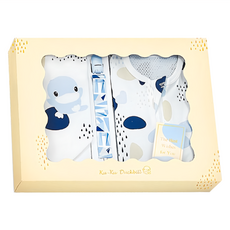 KU.KU Duckbill 酷咕鴨 超好眠洞洞成長包巾寵愛禮盒, 藍點印記, 含包巾/三角領巾/奶嘴織帶夾