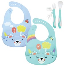 BRUNOKO 嬰兒矽膠圍兜餐具組 防水易清洗 卡通造型, 藍綠色 + 綠色, 1組, 1入