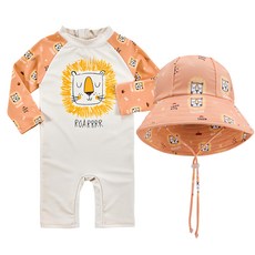 愛北鼻 寶寶連體泳衣送遮陽帽 長袖連身泳衣 女童泳裝, 1入, 橘獅子, 4碼