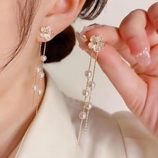 BEOURGUEST 白色花朵珍珠長款垂墜耳環