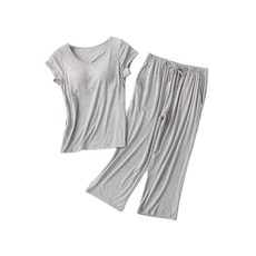 NEW FORCE 莫代爾Bra短袖七分褲套裝 居家服 鬆緊腰帶 舒適面料, L, 灰色, 1套