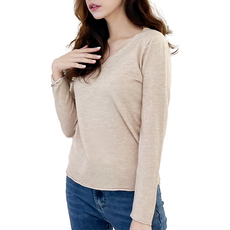 女款親膚V領彈性包芯紗修身長袖上衣, 肩寬:30cm 胸寬:35cm(有彈性.胸圍需x2) 全長:52cm 袖長:54cm, 卡其色