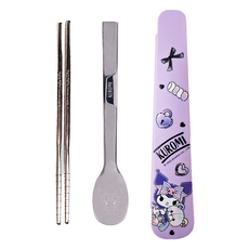 Sanrio 三麗鷗 KUROMI 酷洛米 不鏽鋼湯筷組 72g, 湯匙19 x 3.3cm + 筷子18.4 x 0.5cm + 收納盒20.5 x 4.3 x 2cm, KU-FS07, 1組