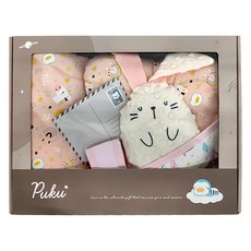 PUKU 藍色企鵝 雲朵抱抱晚安禮盒, 雲朵枕32 x 22 x 4~9cm + 薄被100 x 75cm + 包巾75 x 75cm + 玩偶21 x 15cm, 粉紅馬