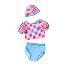 愛北鼻 夏季兒童兩件式泳裝 粉愛心格紋-上衣+泳褲+泳帽 可愛泳衣套裝, S, 1入