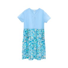 in Blooom 印花樂 低腰線拼接長洋裝 山羌迷藏, 100%純棉, 台灣製, F(胸圍108cm + 衣長112cm), 湖水藍