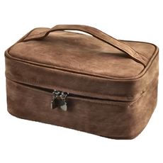 手提大容量化妝包, 尼龍+羊巴紋材質, 23.5 x 16 x 12cm, 02棕色