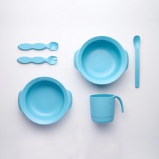 SIMPLA 玉米田嬰童餐具 含小豆莢湯匙 小豆莢叉子 加長餵食匙 學習杯 淺碗 深碗, 淺藍色, 湯匙1入 + 叉子1入 + 餵食匙1入 + 學習杯1入 + 淺碗1入 + 深碗1入, 1組