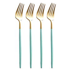 歐風餐具 餐叉 304不鏽鋼 啞光拉絲 光滑手柄 線條流暢優美, 翡翠綠金, 4支