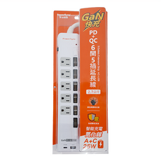 PowerSync 群加 防雷擊快充1A1C延長用電源線組 6開5插, 1個, 2.7m, 白色